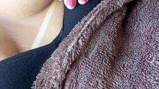 My lover loves sucking my natural big tits in this video