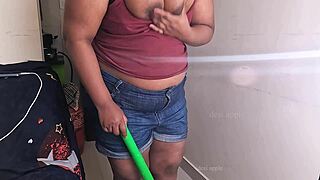 My friend's wife getting horny on sex call while cleaning!