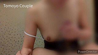 wife cosplays in school swimsuit for young man, strips off her wet costume dripping with juices