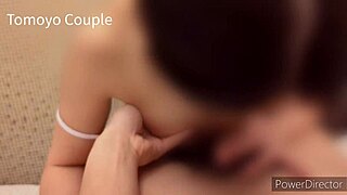 wife cosplays in school swimsuit for young man, strips off her wet costume dripping with juices