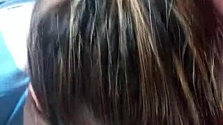 Blonde girlfriend slurps cum after blowjob with friend