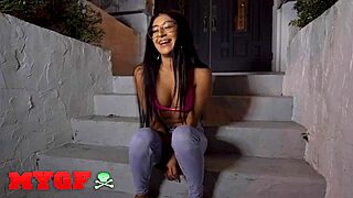 Shy girlfriend swallows hard dick outside new house