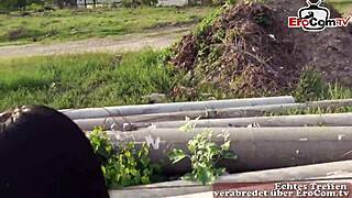 German skinny schoolgirl teen at first OUTDOOR POV meet with tiny tits