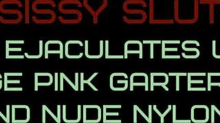 sissy slut feels quick ejaculation in vintage pink garter belt and nude nylons