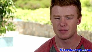 The muscular redhead gay hunk is jerking off in his solo session.