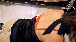 Hey, check this white slut in blue satin and heels doing doggy!