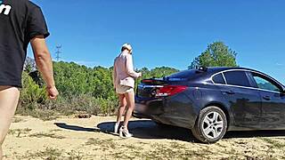 Blonde babe bent over for outdoor doggystyle sex