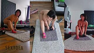 milf does naked workout in gym, bent over for doggystyle.