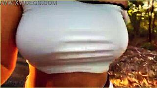 Amazing milf flashes big tits during public bike ride