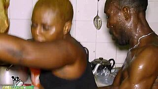 Husband and wife fuck doggy in kitchen with monster cock?