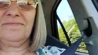 Naughty Housewife Flashes Tits in Car for Homemade Selfie Fun