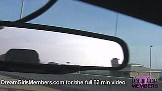 Topless brunette flashes big tits in convertible on bridge