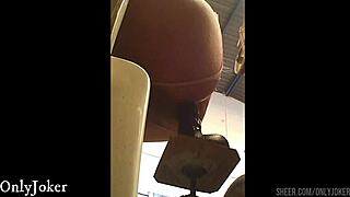 Brunette skinny girl using dildo machine for assfucking and monster cock worship