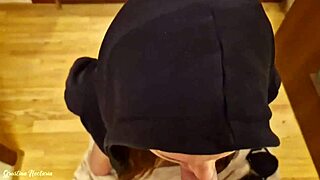 I received a blowjob from hot stranger in hood, cum in mouth close up.