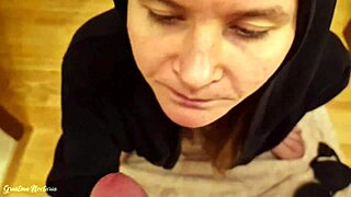 I received a blowjob from hot stranger in hood, cum in mouth close up.