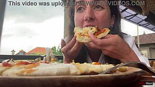 Eating pizza with cum dripping on my face at public cafe