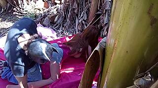 brunette amateur stretches tight pussy with sex toy in public outdoor setting