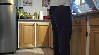 Milf wife or whore gives rimjob in steamy kitchen scene