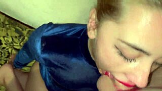 She applies makeup for a piss session, then delivers sloppy deepthroat with gagging and cum in mouth.