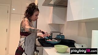 inked milf housewife joanna angel dildoing her pussy in kitchen
