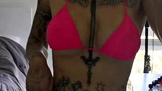 intriguing melody radford slipping into a tiny micro bikini, showing off her petite body and big tits