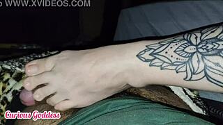 Wife Gives Footjob to Friend's Hard Cock