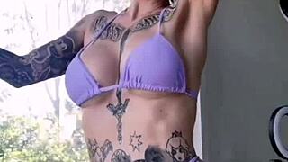 intriguing melody radford slipping into a tiny micro bikini, showing off her petite body and big tits