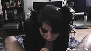 Goth girlfriend delivers intense ahegao deepthroat blowjob with choking