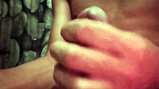 Hot guy with big hairy cock jerks off hard in bathroom.