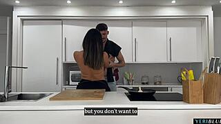 Cute couple enjoys intimate phone chat at home