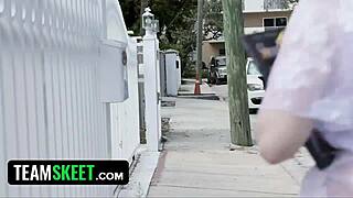 Krystal Orchid shows her bracefaced ginger bush in hardcore action