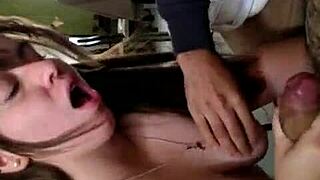 Horny blonde sucks and jerks off big cock with natural tits bouncing.