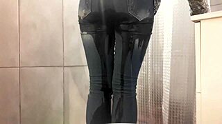 desperate pee accident in tight jeans and pink heels