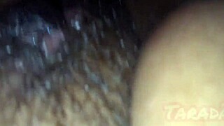 ebony babe deepthroats hand with hairy pussy and big tits