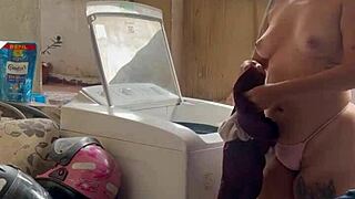 Neighbor hides while woman washes clothes with pussy and tits out