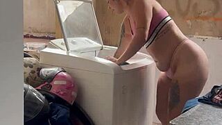 Neighbor hides while woman washes clothes with pussy and tits out