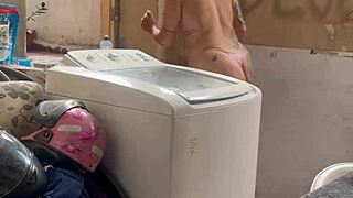 Neighbor hides while woman washes clothes with pussy and tits out
