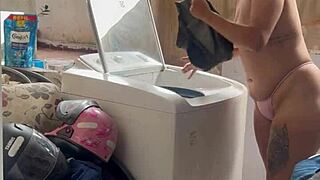 Neighbor hides while woman washes clothes with pussy and tits out