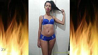 beautiful latina housewife flashing in blue lingerie, uncensored homemade slut