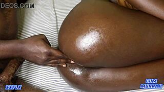 I love how this petite ebony babe takes my oiled ass in spooning, filling her tight cunt with cum