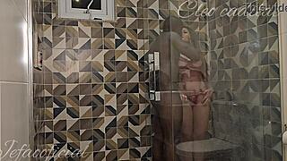 cleo cadillac gets surprised by friend in bathroom for a quick fuck
