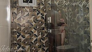 cleo cadillac gets surprised by friend in bathroom for a quick fuck