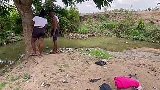 in the forest, a girlfriend gets fucked outdoors by her amateur partner, screaming with pleasure