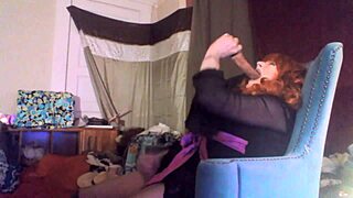 hey, watch this sexy redhead tranny swallow her 8-inch vibrating dildo!