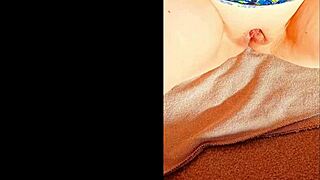 Mature woman shows wet huge pussy lips close up