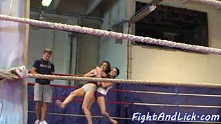 Skinny European lesbian babes wrestling hard in boxing ring, yesss! 😘