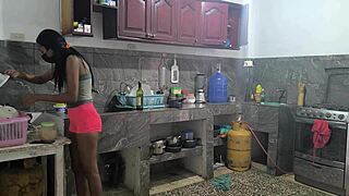 Horny Latina Housewives Touch Each Other Sensually During Lunch Prep