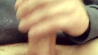 Outdoor solo handjob on huge loaded cock, flashing cum