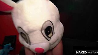 brunette cosplay in studio making hits