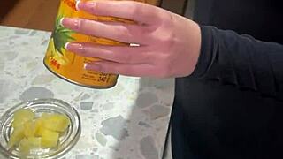 in the dorm, the tall roommate gives the slut a big cum dose, making her swallow and gag.